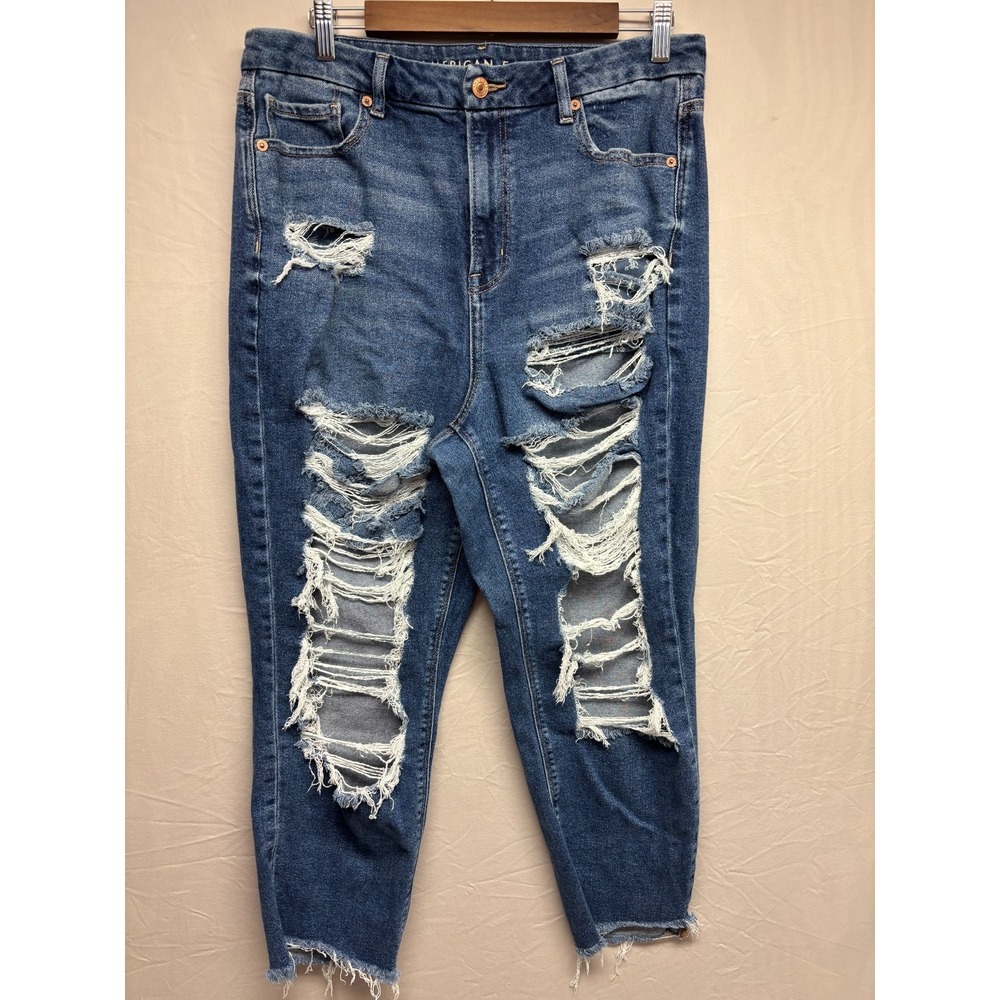 American Eagle Curvy Mom Distressed Jeans Womens Blue Denim Stretch 12 Short